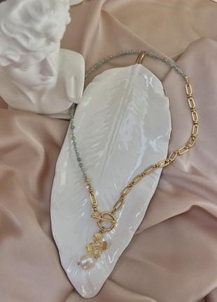Aquamarine gold 24k necklace with pearl4 photo