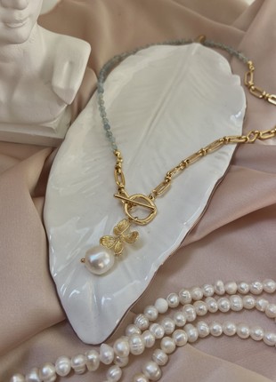 Aquamarine gold 24k necklace with pearl5 photo