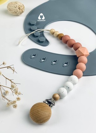 Silicone pacifier holder with wooden teether for newborn baby2 photo