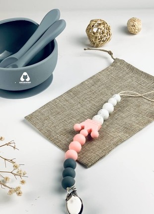 Silicone pacifier holder with wooden teether for newborn baby3 photo