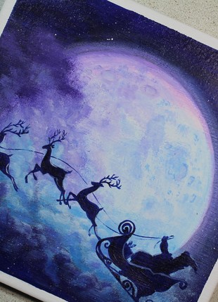 Winter Scenery Santa Claus and Deers Original Acrylic Painting on Canvas Wall Decor