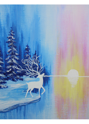 Winter Landscape and Deer Original Acrylic Painting on Canvas Wall Decor