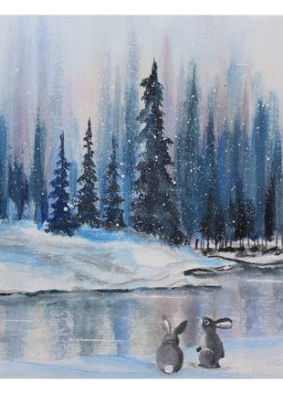 Winter Landscape and Rabbits Original Acrylic Painting on Canvas Wall Decor