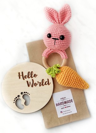 Baby girl toy gift. Pink bunny rattle and wood milestone cart. Cute bunny shower gift2 photo