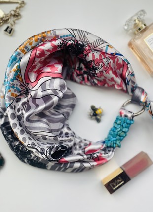 Scarf My Scarf "Silver garden" luxurious print. Decorated with natural turquoise  stone2 photo
