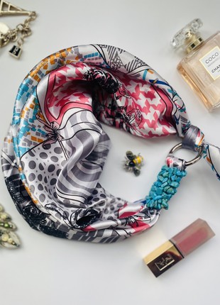 Scarf My Scarf "Silver garden" luxurious print. Decorated with natural turquoise  stone5 photo