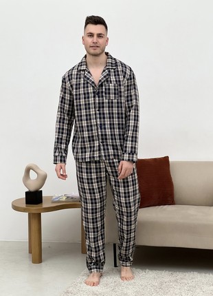 Men's Pajamas COZY Flannel Home Suit (Pants+Shirt) Check Dark Blue/Cream F651P1 photo