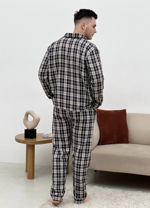 Men's Pajamas COZY Flannel Home Suit (Pants+Shirt) Check Dark Blue/Cream F651P2 photo