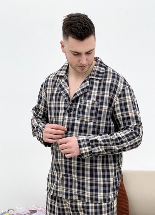 Men's Pajamas COZY Flannel Home Suit (Pants+Shirt) Check Dark Blue/Cream F651P4 photo
