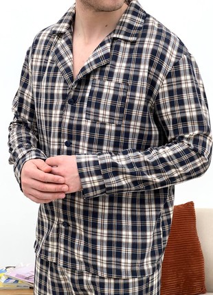 Men's Pajamas COZY Flannel Home Suit (Pants+Shirt) Check Dark Blue/Cream F651P5 photo