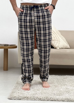 Men's Pajamas COZY Flannel Home Suit (Pants+Shirt) Check Dark Blue/Cream F651P6 photo