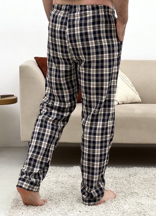 Men's Pajamas COZY Flannel Home Suit (Pants+Shirt) Check Dark Blue/Cream F651P7 photo
