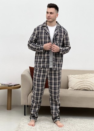 Men's COZY Flannel Pajamas (Pants+T-shirt+Shirt) Check Dark Blue/Cream F651P+f01
