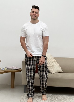 Men's COZY Flannel Pajamas (Pants+T-shirt+Shirt) Check Dark Blue/Cream F651P+f015 photo