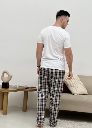 Men's COZY Flannel Pajamas (Pants+T-shirt+Shirt) Check Dark Blue/Cream F651P+f016 photo