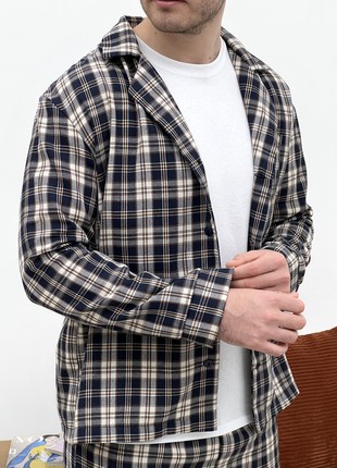Men's COZY Flannel Pajamas (Pants+T-shirt+Shirt) Check Dark Blue/Cream F651P+f017 photo