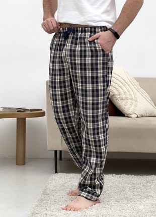 Men's COZY Flannel Pajamas (Pants+T-shirt+Shirt) Check Dark Blue/Cream F651P+f019 photo