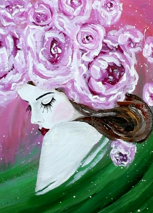 Original Acrylic Painting on Canvas Woman with Flowers Wall Decor