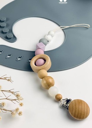 Silicone pacifier holder with wooden teether for newborn baby2 photo