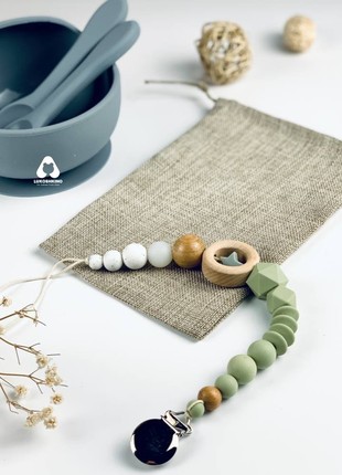 Silicone pacifier holder with wooden teether for newborn baby2 photo