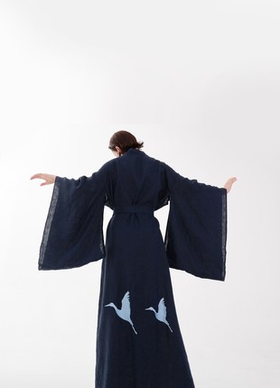 Linen Japanese style kimono dress with embroidery "Stork"1 photo