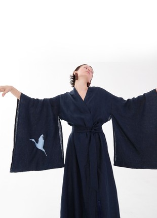 Linen Japanese style kimono dress with embroidery "Stork"2 photo
