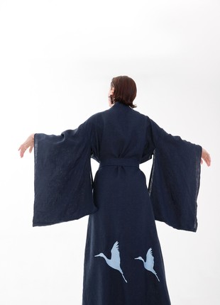 Linen Japanese style kimono dress with embroidery "Stork"3 photo