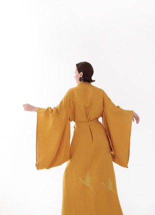 Linen Japanese style kimono dress with embroidery "Stork"