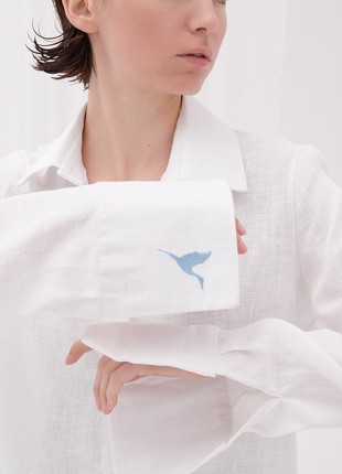 Oversized linen shirt with big cuffs and decorative embroidery "Stork". Birds Collection3 photo