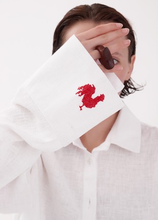 Oversized linen shirt with big cuffs and decorative embroidery "Rooster".Birds Collection3 photo