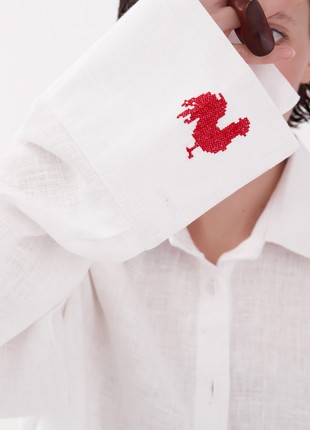 Oversized linen shirt with big cuffs and decorative embroidery "Rooster".Birds Collection4 photo