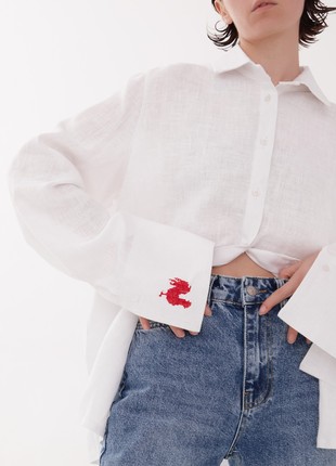Oversized linen shirt with big cuffs and decorative embroidery "Rooster".Birds Collection5 photo