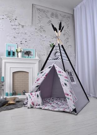 Wigwam baby with emerald feathers, full kit, 110x110x180cm, gray