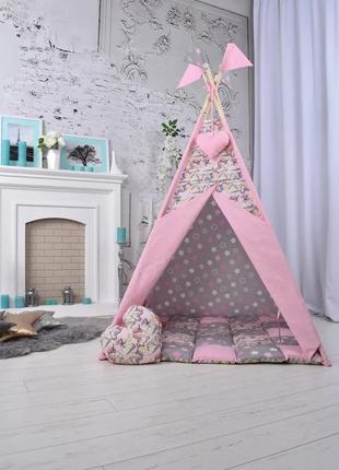 The wigwam wigwam "unicorns with stars" for a girl, a complete set, 110x110x180cm, gray-pink8 photo