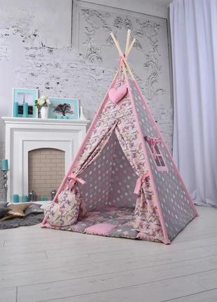 The wigwam wigwam "unicorns with stars" for a girl, a complete set, 110x110x180cm, gray-pink