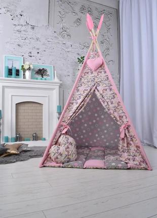 The wigwam wigwam "unicorns with stars" for a girl, a complete set, 110x110x180cm, gray-pink4 photo