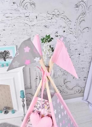The wigwam wigwam "unicorns with stars" for a girl, a complete set, 110x110x180cm, gray-pink7 photo