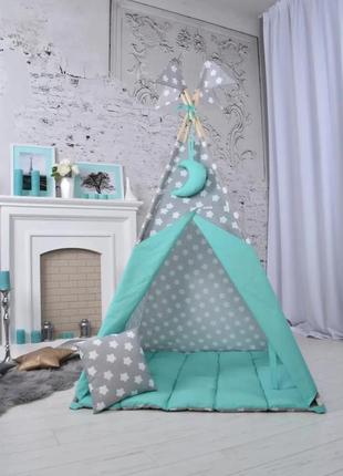 Wigwam baby "mint with stars", full kit, 110x110x180cm, gray-mint, suspension month as a gift2 photo