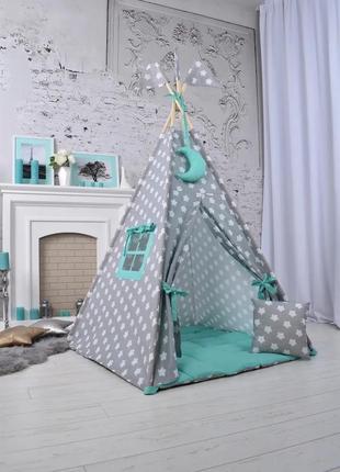 Wigwam baby "mint with stars", full kit, 110x110x180cm, gray-mint, suspension month as a gift9 photo
