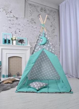 Wigwam baby "mint with stars", full kit, 110x110x180cm, gray-mint, suspension month as a gift6 photo
