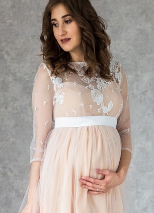 Tender Bohemian Maternity Dress with lace top and sleeves | Nude color lining2 photo