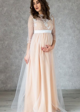 Tender Bohemian Maternity Dress with lace top and sleeves | Nude color lining1 photo