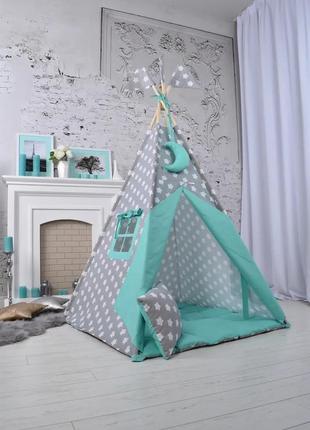 Wigwam baby "mint with stars", full kit, 110x110x180cm, gray-mint, suspension month as a gift8 photo