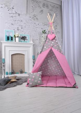 Wigwam baby "pink with stars", for a girl, full set, 110x110x180cm, gray-pink8 photo