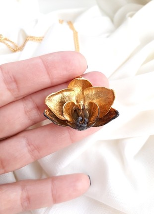 Natural Orchid flower Pendant electroformed copper with pure gold3 photo
