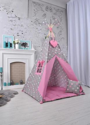 Wigwam baby "pink with stars", for a girl, full set, 110x110x180cm, gray-pink2 photo