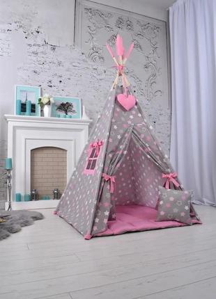 Wigwam baby "pink with stars", for a girl, full set, 110x110x180cm, gray-pink5 photo
