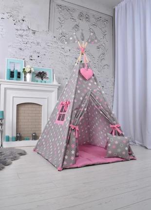 Wigwam baby "pink with stars", for a girl, full set, 110x110x180cm, gray-pink7 photo