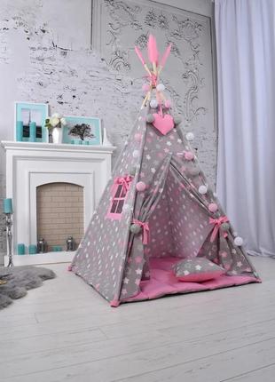 Wigwam baby "pink with stars", for a girl, full set, 110x110x180cm, gray-pink1 photo