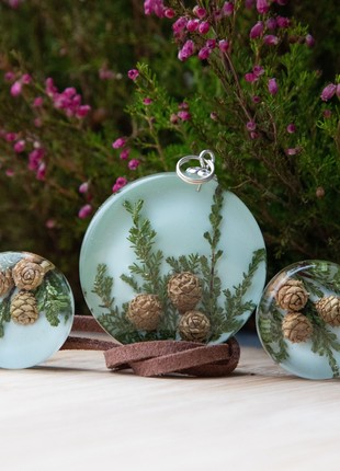 Winter jewelry set, real pine cone earrings and necklace set